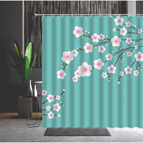 Shower Curtain Powder Red Flower Natural Landscape Modern Simplicity Bathroom Partition Machine Washable Bath Curtain With Hook