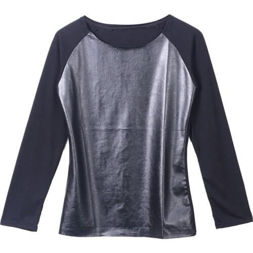 Autumn Fashion Long Sleeve O-Neck Women T-shirts Leather Patchwork Solid Hoodies Casual Tops Women Cotton T-shirt Plus Size