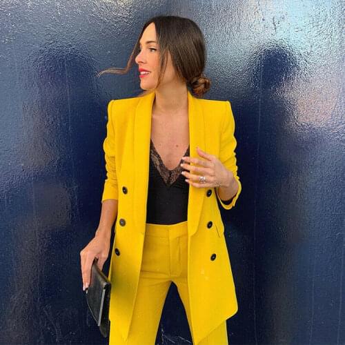 Custom Made Yellow Women Elegant Blazers Set Long Sleeve Office Lady Two Piece Suits Work Outfits Matching Set (Jacket+Pants)