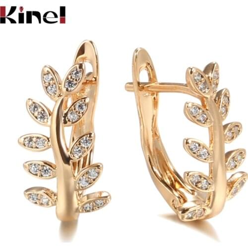 Kinel Luxury 585 Rose Gold Leaf Earrings for Women Micro-wax Inlay Natural Zircon Bridal Wedding Jewelry Crystal Earrings New