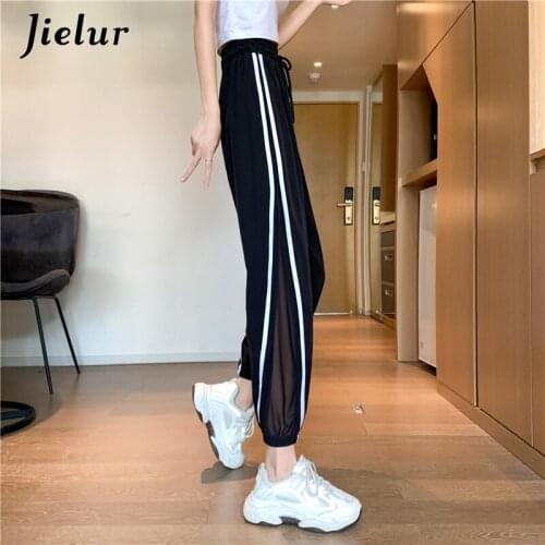 Jielur Fashion Harajuku Harem Pants Side Stripe Patchwork Mesh Womens Pants Casual Sports Female M-2XL Black White Trousers New