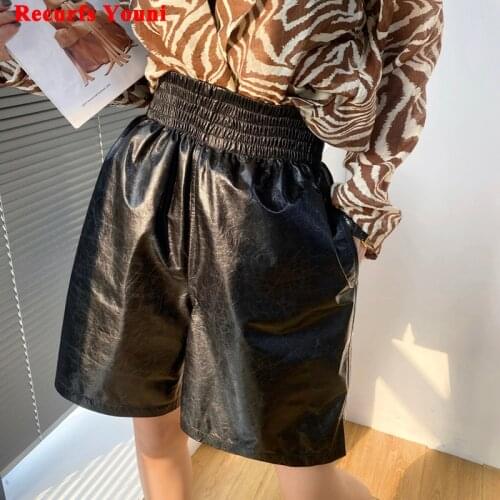 Super Easy To Wear Distress Yellow Bermuda Sheep Genuine Leather Short Pants Women Wide leg High waist Five-Point Shorts Female