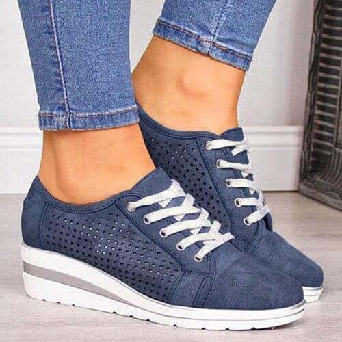 Women Wedges Shoes Plus Size Ladies Fashion Hollow Breathable Increased Lace-up Mid-heel Casual Outdoor Walking Vulcanize Shoes