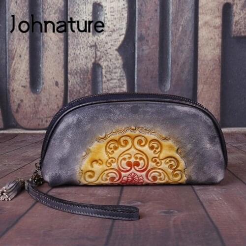 Johnature Retro Embossed Genuine Leather Women Clutch Bag 2021 New Casual Nature Cowhide Floral Zipper Ladies Hand Wallet