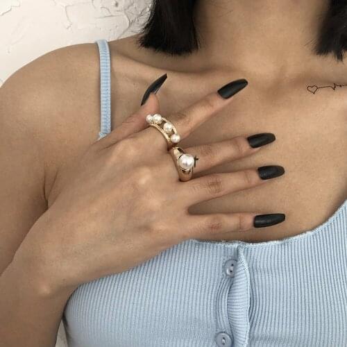 UODCM Elegant Retro Oversize Multi Pearl Rings for Women Lady Shiny Crystal Rhinestone Irregular Charm Korean Wedding Jewelry