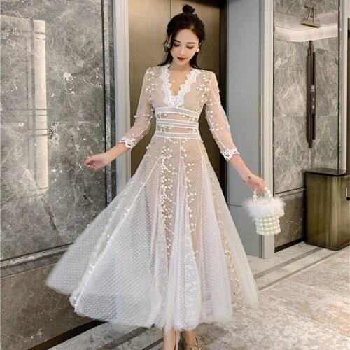 2021 New Spring Autumn Sexy V Neck Maxi Dresses Women Flower Lace Embroidery Mesh Long Sleeve Polka Dot Party Dress Vestidos