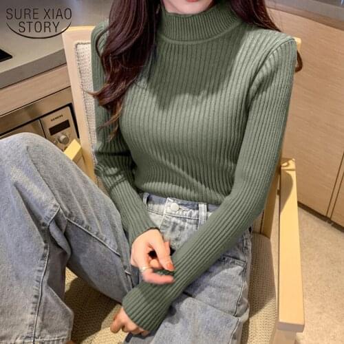 2021 Winter Clothes Women Solid Long Sleeve Sweater Womens Half Turtleneck Thicken Wild Slim Pullover 8 Colors Knitwear 10990
