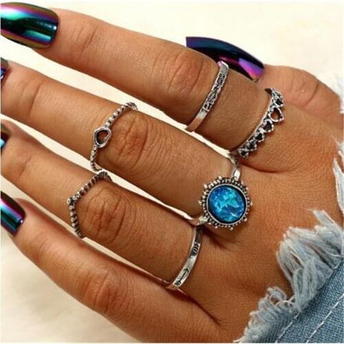 6PCS/SET Vintage Tibet Silver Color Metal Knuckle Midi Finger Rings For Women Boho Punk Crystal Party Jewelry Rings