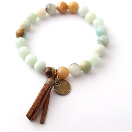 Free Shipping Fashion Natural Stone Energy Bracelets By 8mm Antique Bronze Tassel Beautiful Amazonite Bracelet bangle