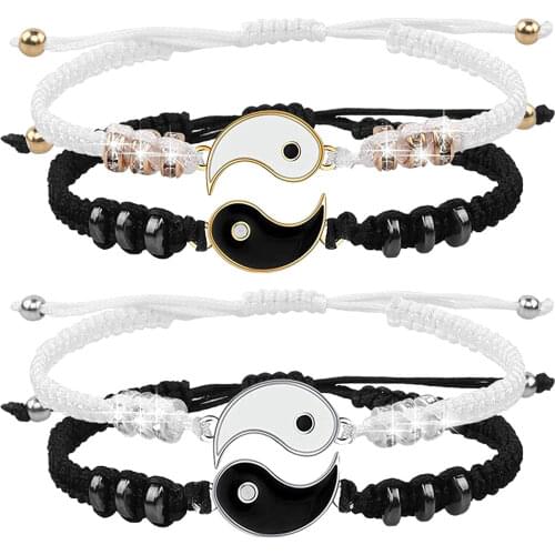 Tai Chi Yin Yang Couple Bracelets Alloy Pendant Adjustable Braid Chain Bracelet Necklace Matching Lover Bracelets Necklaces Set