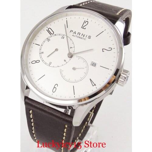 PARNIS Luxury Self Winding Wristwatch Date Window 42mm Silver Color Case 24 Hours White Dial Watch