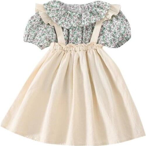 DFXD 2020 Kids Clothes Girls Clothing Set Fashion Summer Floral Print Peter Pan Collar Shirts Strap Skirt Two-piece Outfit 1-5T