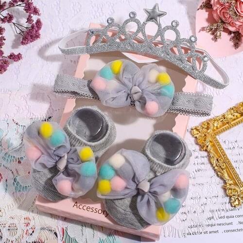 3Pcs Baby Socks Headband Set Cute Bows Crown Flower Newborn Princess Girl Socks Headbands Kids Headwear Gift