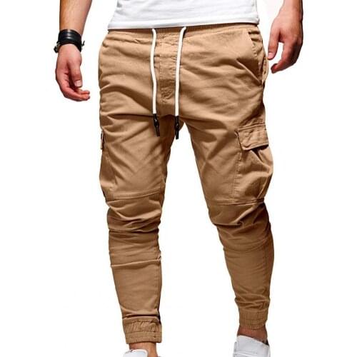 Europe Style Solid Colors Men Cargo Long Pants Solid Color Drawstring Men Loose Leisure Multi Pockets Sweatpants for Daily