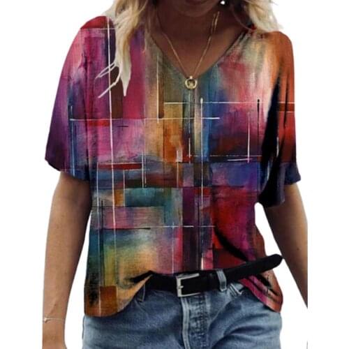Abstract Painting Printed T-shirts Womens Harajuku T-shirts Short Sleeve V-Neck T-shirt Summer Ladies Casual Loose Tee Tops