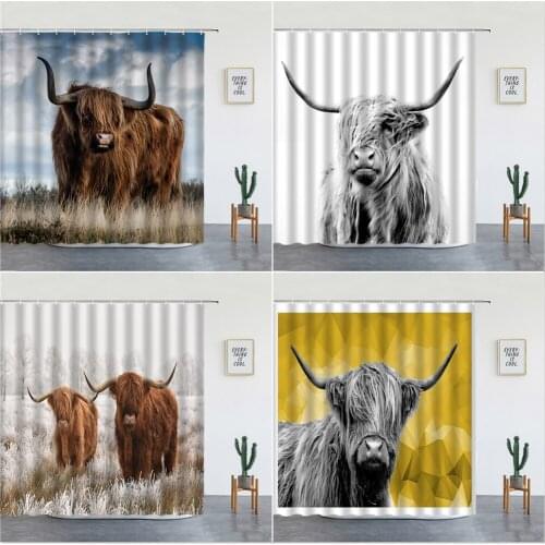 Highland Cow Shower Curtains Wild Animals Cattle Bathroom Home Decor Wall Hanging Background Screens Polyester Fabric With Hooks