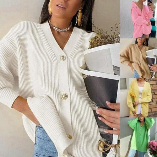 Women Solid Casual Sweater Loose Single-breasted Knitted Cardigan One Size Lantern Sleeve V Neck Knitted Coat Casual Button Coat