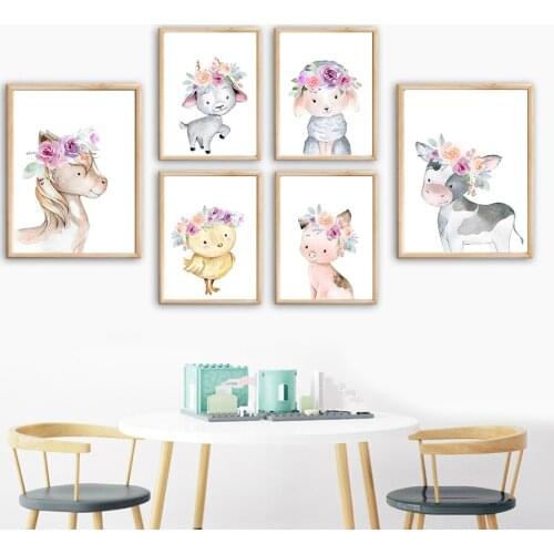 Kawaii Horse Antelope Dog Cow Bird Pig Wreath Wall Art Canvas Painting Nordic Posters And Prints Wall Pictures Kids Room Decor