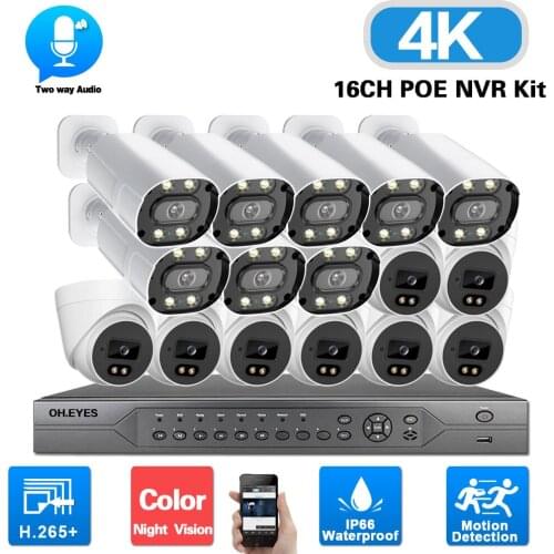 4K 16CH POE IP Camera Kit Full Color Night Vision Security Camera Set 16 Channel NVR Kit 8MP CCTV Video Surveillance System Set