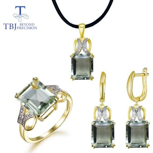 Natural green amethyst quartz gemstone jewelry set Ring Necklaces and earrings 925 silver fine jewelry for women with gift box