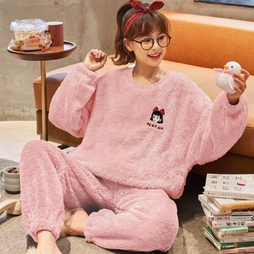 Coral Fleece Winter Thickening Cartoon Cute Flannel Leisurewear Pink Colour Pajamas Suit