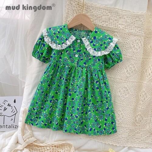 Mudkingdom Floral Princess Dress Girls Ruffles Print Puff Sleeve Lapel Crew Neck Dresses Kids Casual Summer Children Clothing