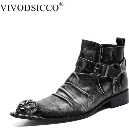 New Retro Pointed Toe Men Ankle Boots Spring Autumn Genuine Leather Botas Hombre Cowboy Military Boots Prom Dress Shoes