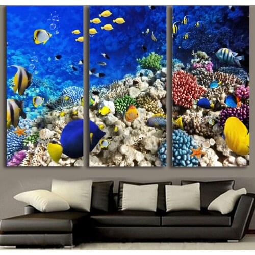 Framed HD Printed Wall Art Painting Modern Canvas 3 Panel Marine Fish Coral Scenery Home Decor Living Room Modular Pictures