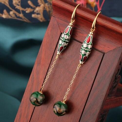 New Summer Green Tassels Vintage Cloisonne Delicate Drop Earrings Ethnic Chinese Style Jewelry for Womens