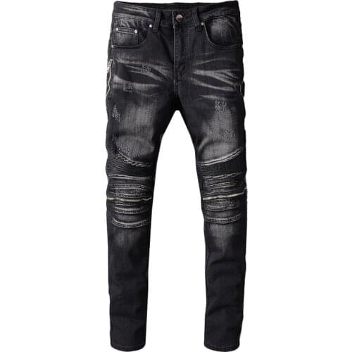 New Mens male fashion PU leather patchwork biker jeans for motorcycle Slim skinny zippers black stretch denim pants trousers
