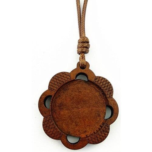 Jiangzimei 2020 new design 24pcs Dark brown Flower wood cabochon 25mm dia blank Pendant with Wax Rope for Necklace making
