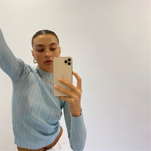 Autumn Women Slim Fit Long Sleeve Thin Crop Tops Solid Round Collar Stringy Selvedge T-Shirt Sexy Fungus Decoration Base Tees