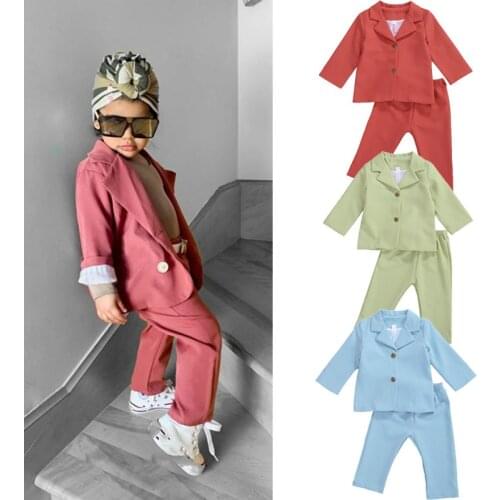 2-7Y Fashion Infant Baby Girls Clothes Sets Solid Long Sleeve Single Breasted Blazer Tops Long Pants