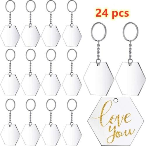 Transparent Acrylic Disc and Key Chain Transparent Acrylic Key Chain Blank for DIY Items and Crafts, (Hexagon,24 Pieces)