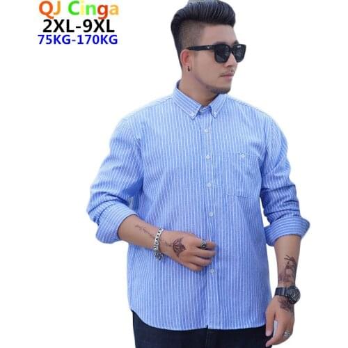 9XL Blue Stripe Chest Pocket Shirt Mens Long Sleeve Square Collars Single Breasted Shirts White Camisa Business Casual Chemise