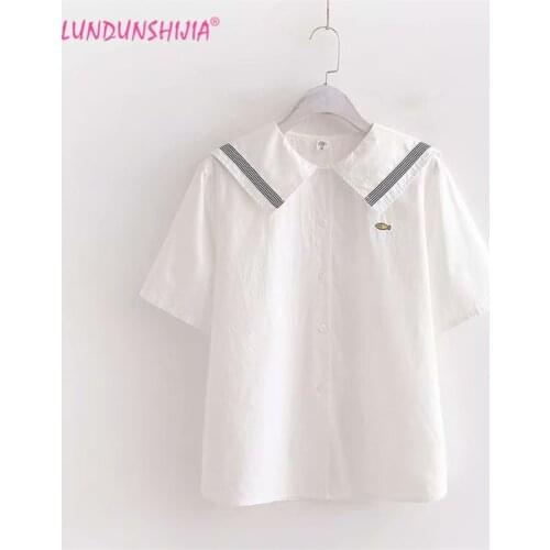 LUNDUNSHIJIA Cute Fish Embroidery School Uniform Navy Collar Shirt Girls Lovely Short Sleeve White Blouse Academy Shirts Tops