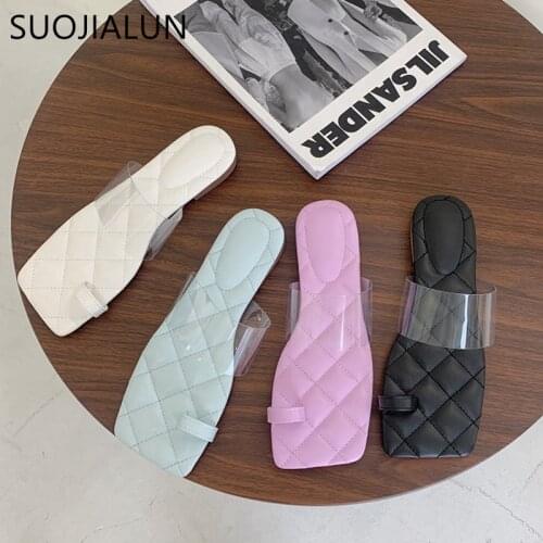 SUOJIALUN 2021 New Summer Women Beach Slipper Flat Heel Casual Slides Fashion PVC Transparent Sandal Shoes Open Toe Flip Flop