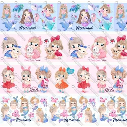 Cute Doodle Girl Mermaid 1-1/2" Printed Lanyard/Grosgrain/Satin Design Customized Ribbon for Bow DIY Hair Craft Supplies Sewing