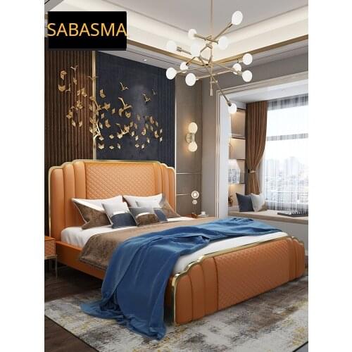 Light Hong Kong-style American modern net red leather bed, designer model room, light luxury furniture