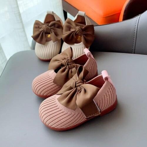 Baby Girl Princess Shoes With Big Bow Knitted Fabric Toddler Shoe Soft Bottom Outdoor Casual Child First Walkers Beige Pink