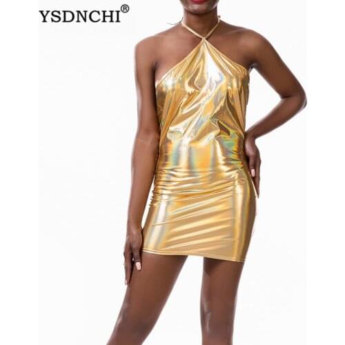 YSDNCHI Clubwear Sexy Dress Halter Dancing Party Mini Sexy Dresses Women Bodycon Vestidos Pink Straps Backless Hot Short Vestido