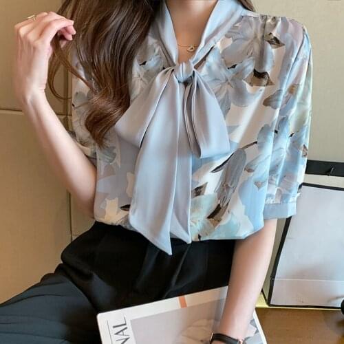 QOERLIN Floral Chiffon Blouse Women 2021 New Summer Short Sleeve Fashion Loose Top Printed Bowtie Shirt Plus Size Office Ladies