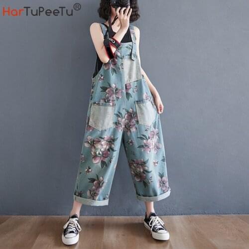 Print Floral Jeans Women Autumn 2021 Denim Jumpsuit Ankle-Length Loose Wide Leg Bib Pants Vintage Casual Plain Suspender Trouser