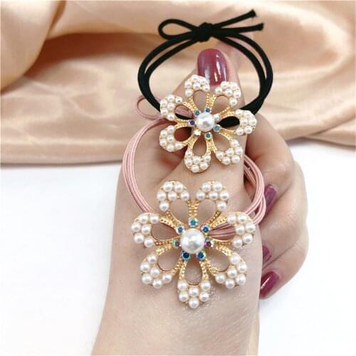 Pearl Flower Lady Rubber Bands Women Colored Rhinestone Hair Ropes Shiny Hair Ties For Girls Students Hair Accessories Ins