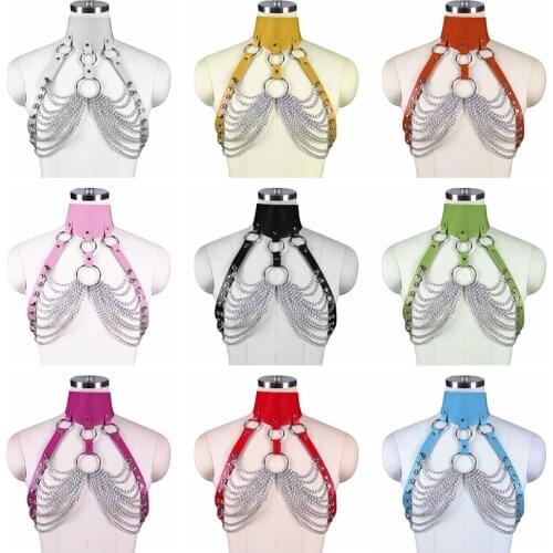 Fashion Sexy Harajuku Handmade PU Choker Harness Punk Collar Belt Necklace Caged Bra Spikes Metal Chain Chest Straps Club Party