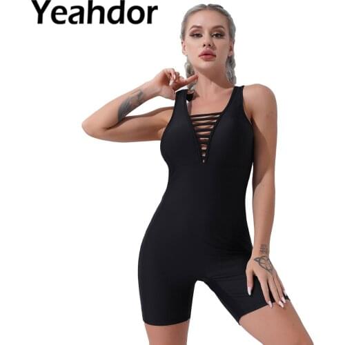 Women Summer Sports Jumpsuit Sexy V Neck Removable Chest Pads Open Back Shorts Bodysuit for Active Workout Running Gym Yoga
