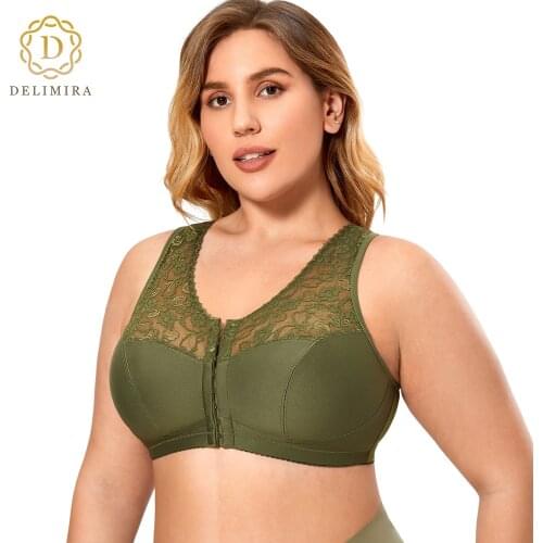 Delimira Womens Full Coverage Wirefree Floral Lace Front Closure Bra Racerback Plus Size