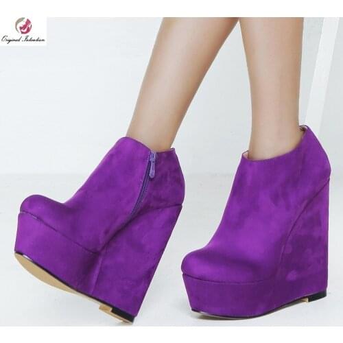 Winter Purple Flock Women Boots Fashion Wedges Platform Side Zipper Ankle Boots Woman Shoes Party Casual Shoes Plus Size 35-47