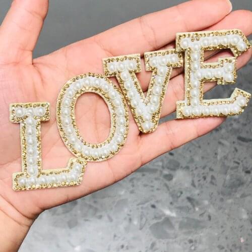 1Pcs Golden Pearl Rhinestone English Letter Alphabet Sew Iron On Patch Badge 3D Handmade Letters Patches Bag Jeans Applique DIY