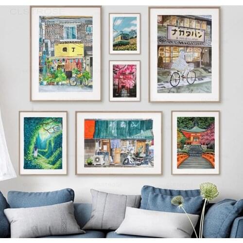 Abstract Japan Sakura Landscape Poster Vintage Country Scenery Wall Art Canvas Painting for Living Room Home Decoration